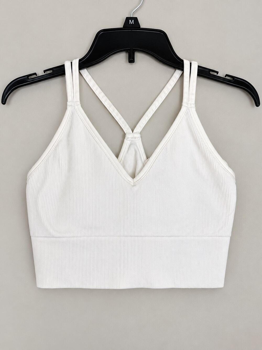 DSG White Ribbed Strappy Sports Bra Size Medium Seamless V-Neck Longline